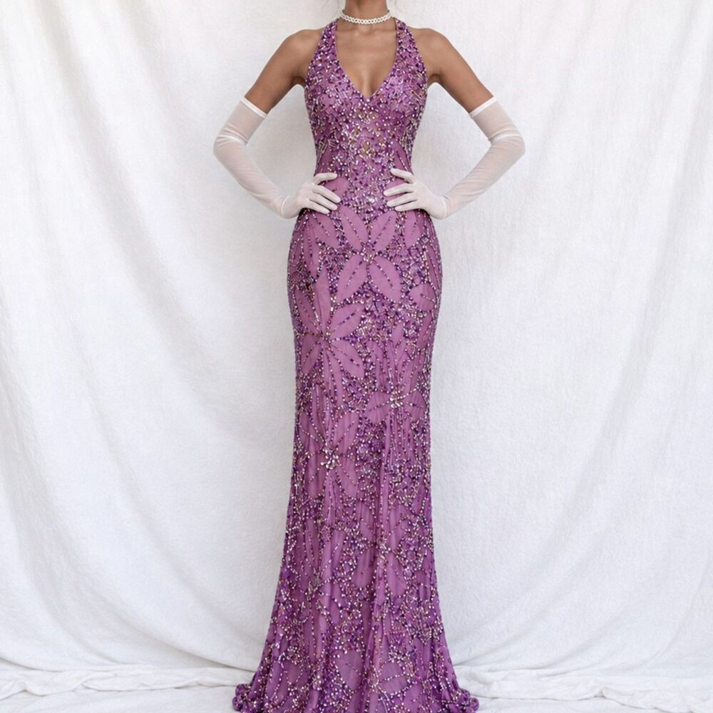 Vintage Y2K Purple Floral Sequin Silk Maxi Bodycon Formal Prom Dress Size S/M